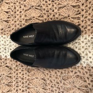 Black faux leather loafers